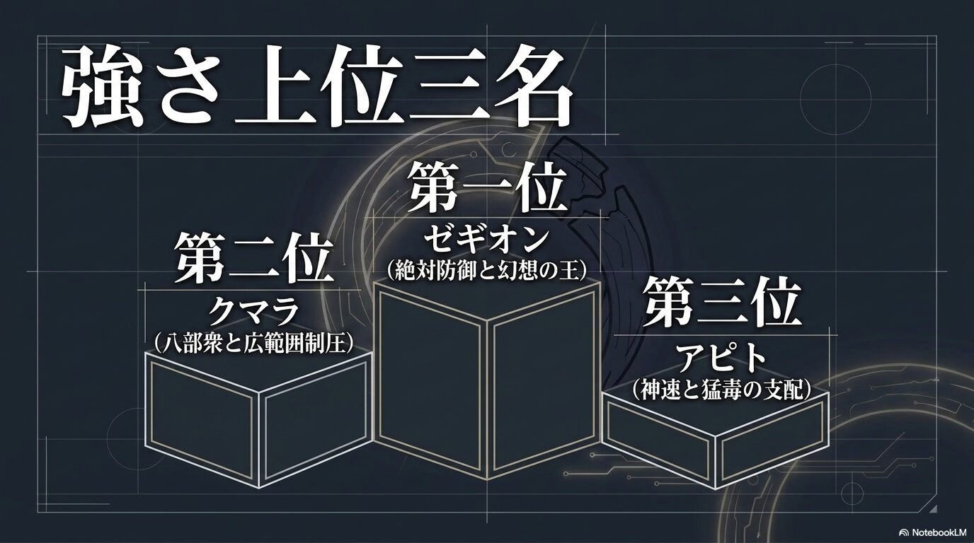 転スラ迷宮十傑の強さランキング上位3名である1位ゼギオン、2位クマラ、3位アピトを示した図