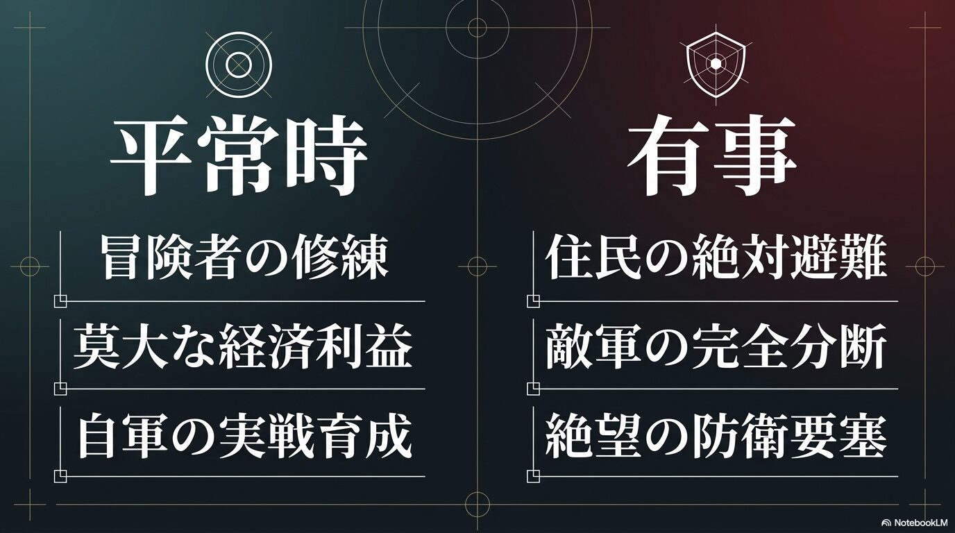 転スラ地下迷宮が平常時は冒険者の修練や経済に使われ、有事には住民避難と敵軍迎撃を担うことを示す比較図