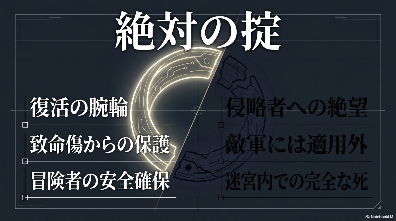 転スラ地下迷宮の復活の腕輪が一般冒険者を致命傷から守る一方、敵対する侵略者には適用されないことを示す図