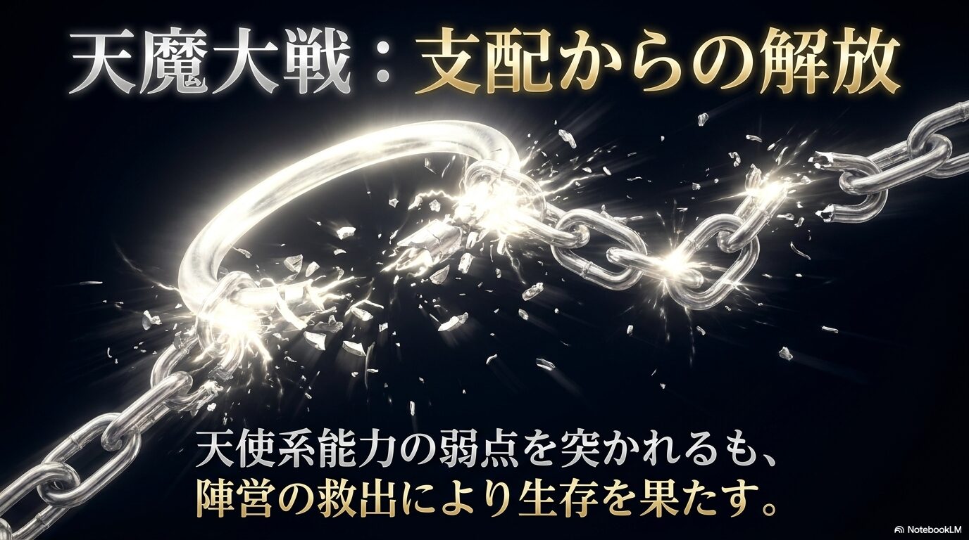 天魔大戦で天使系究極能力の弱点を突かれて支配されたレオンが救出され自由を取り戻す展開