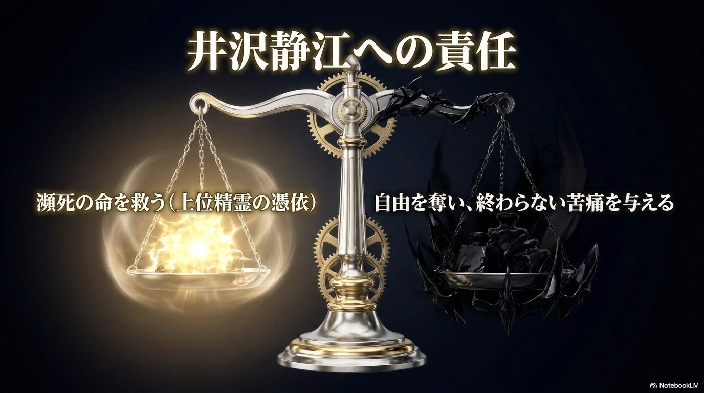 イフリート憑依で井沢静江の命を救った一方で自由を奪い長い苦痛を与えたレオンの責任を示す天秤
