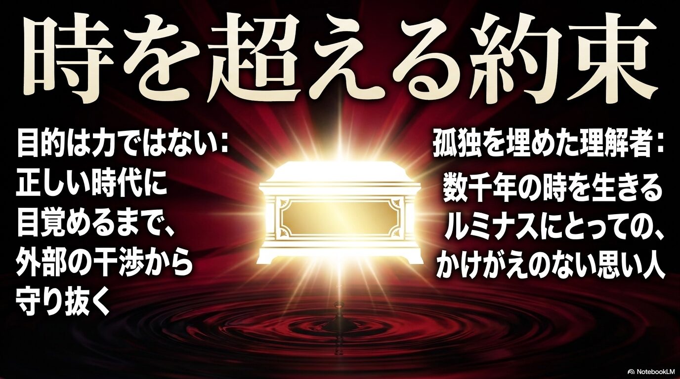 クロエが正しい時代に目覚めるまで聖櫃で守り、ルミナスにとってクロエが数千年の孤独を埋めるかけがえのない存在だったことを示す図