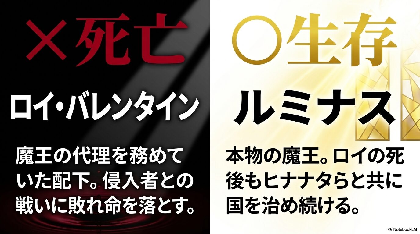 戦いに敗れて死亡したロイ・バレンタインと、本物の魔王として最後まで生存するルミナスを比較した図