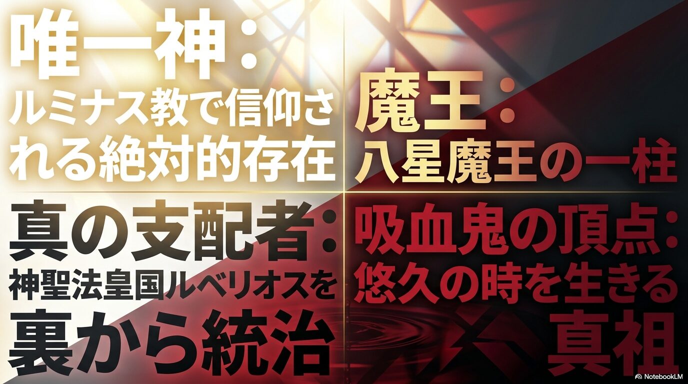 ルミナスがルミナス教の唯一神、八星魔王、ルベリオスの真の支配者、吸血鬼族の頂点という4つの立場を持つことを整理した図