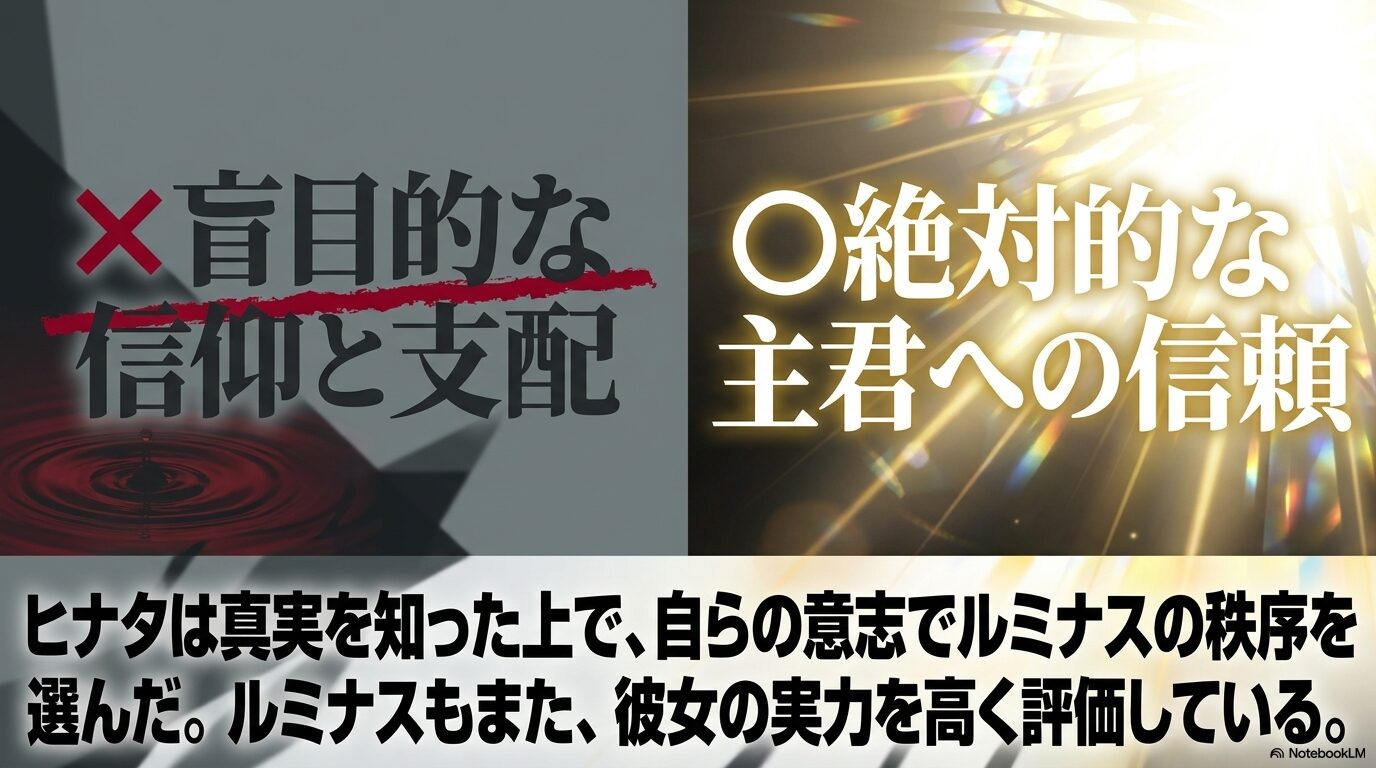 真実を知ったヒナタが自らの意思でルミナスを主君として選び、ルミナスもヒナタの実力を高く評価している関係を示した図