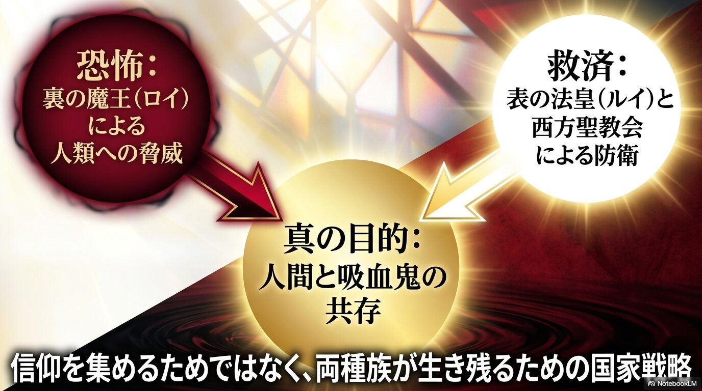 魔王ロイへの恐怖と法皇ルイや西方聖教会による救済を利用し、人間と吸血鬼族の共存を目指すルミナスの国家戦略図