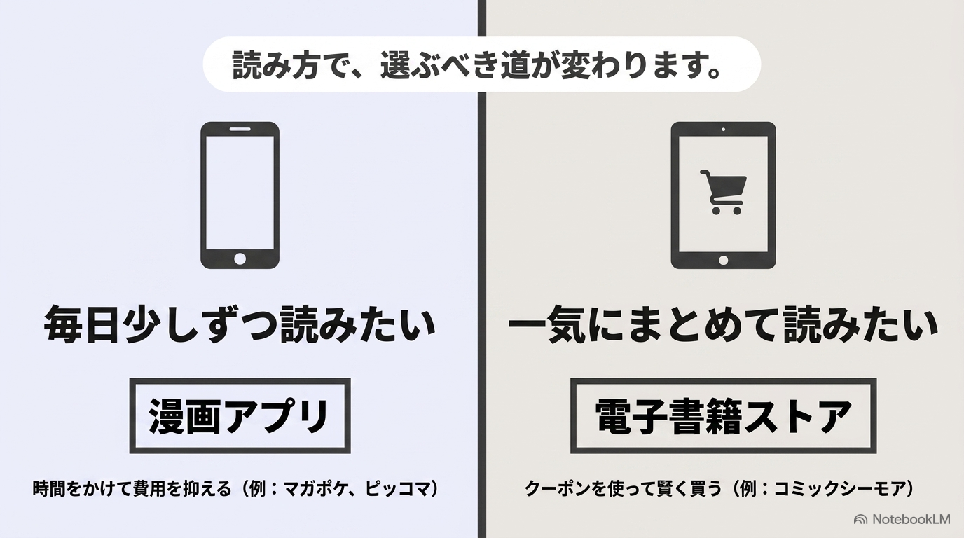 毎日少しずつ読む漫画アプリと一気にまとめて読む電子書籍ストアの比較