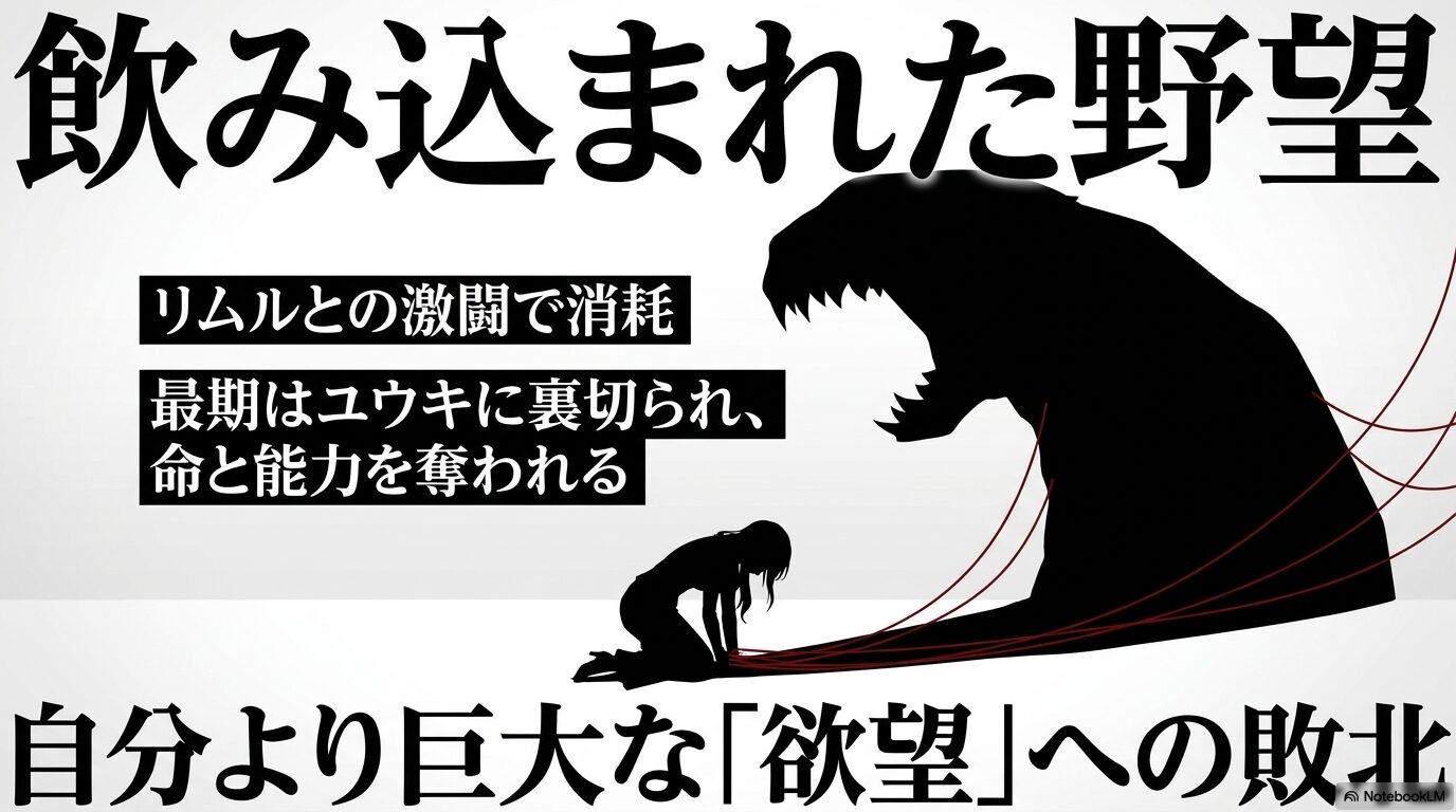 リムルとの戦いで消耗したマリアベルがユウキに裏切られ、命と強欲者の能力を奪われる最後を表した図