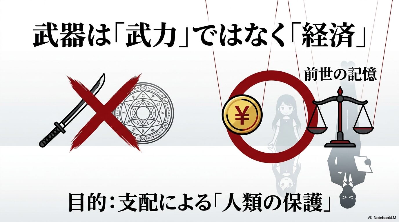 リムルが前世の知識を道路や食文化、温泉などの共有に使い、マリアベルが金銭や情報、物流の独占と管理に使った違いを比較した図