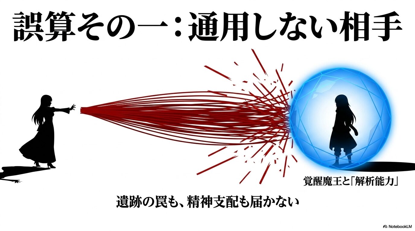 マリアベルの精神支配や遺跡の罠が、覚醒魔王リムルと智慧之王の解析能力によって防がれる様子を表した図