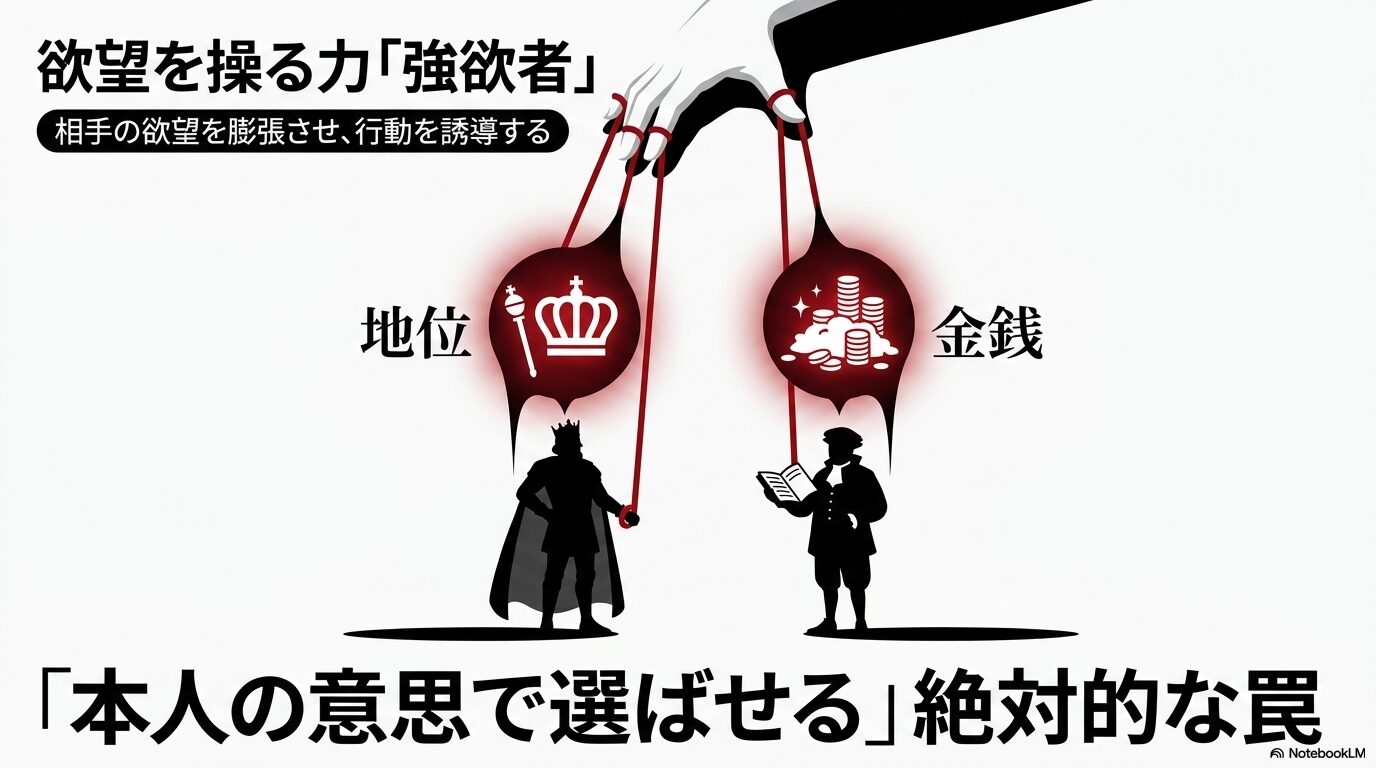 マリアベルのユニークスキル強欲者が、地位や金銭を求める欲望を膨張させ、本人の意思で選んだと思わせながら操る仕組みを示した図