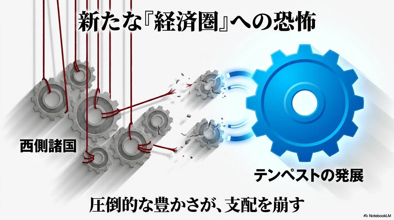 ロッゾ一族が支配してきた西側諸国の経済圏が、豊かに発展するテンペストの新しい経済圏によって崩される様子を歯車で表した図