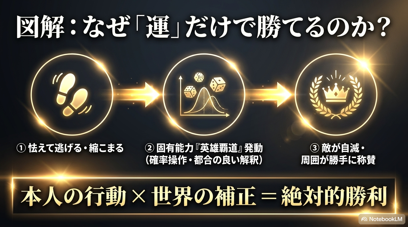 マサユキの行動と英雄覇道による確率や認識の補正で勝利が生まれる仕組み