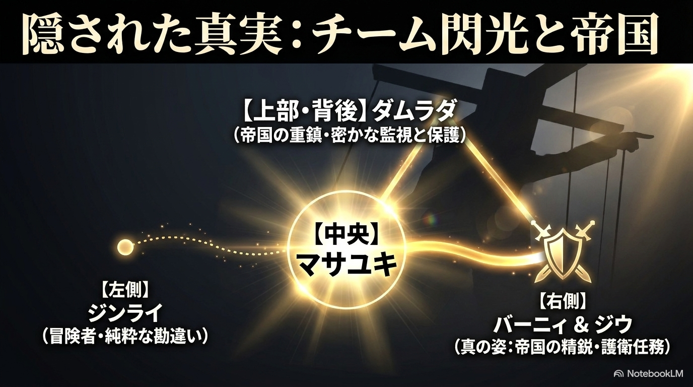 マサユキを中心としたジンライ、ダムラダ、バーニィ、ジウと東の帝国の関係図