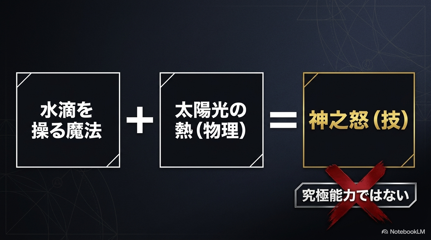 水滴を操る魔法と太陽光の熱を組み合わせた神之怒メギドが究極能力ではないことを示す図