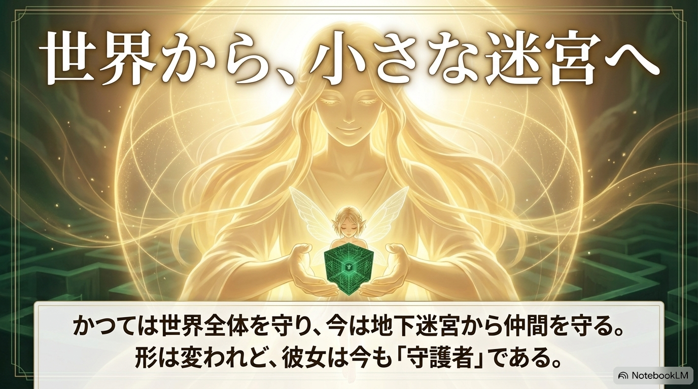 かつて世界全体を守った精霊女王ラミリスが、現在は小さな妖精の姿でテンペスト地下迷宮を守る様子を描いたスライド