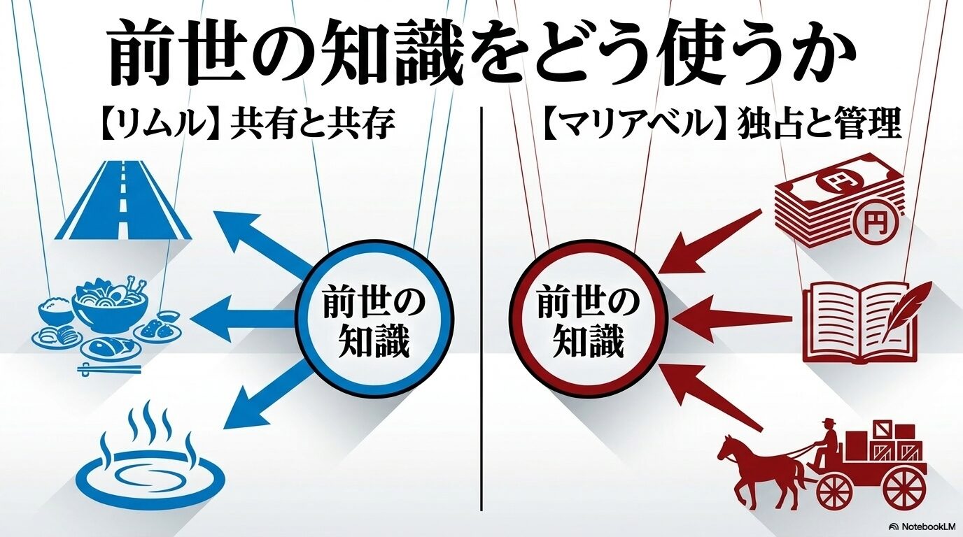 リムルが前世の知識を道路や食文化、温泉などの共有に使い、マリアベルが金銭や情報、物流の独占と管理に使った違いを比較した図