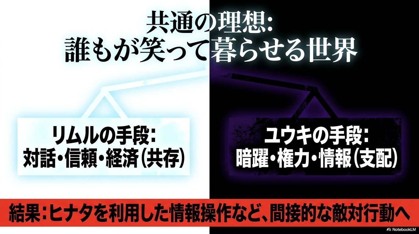 誰もが笑って暮らせる世界を目指すリムルとユウキの手段の違いを比較した図