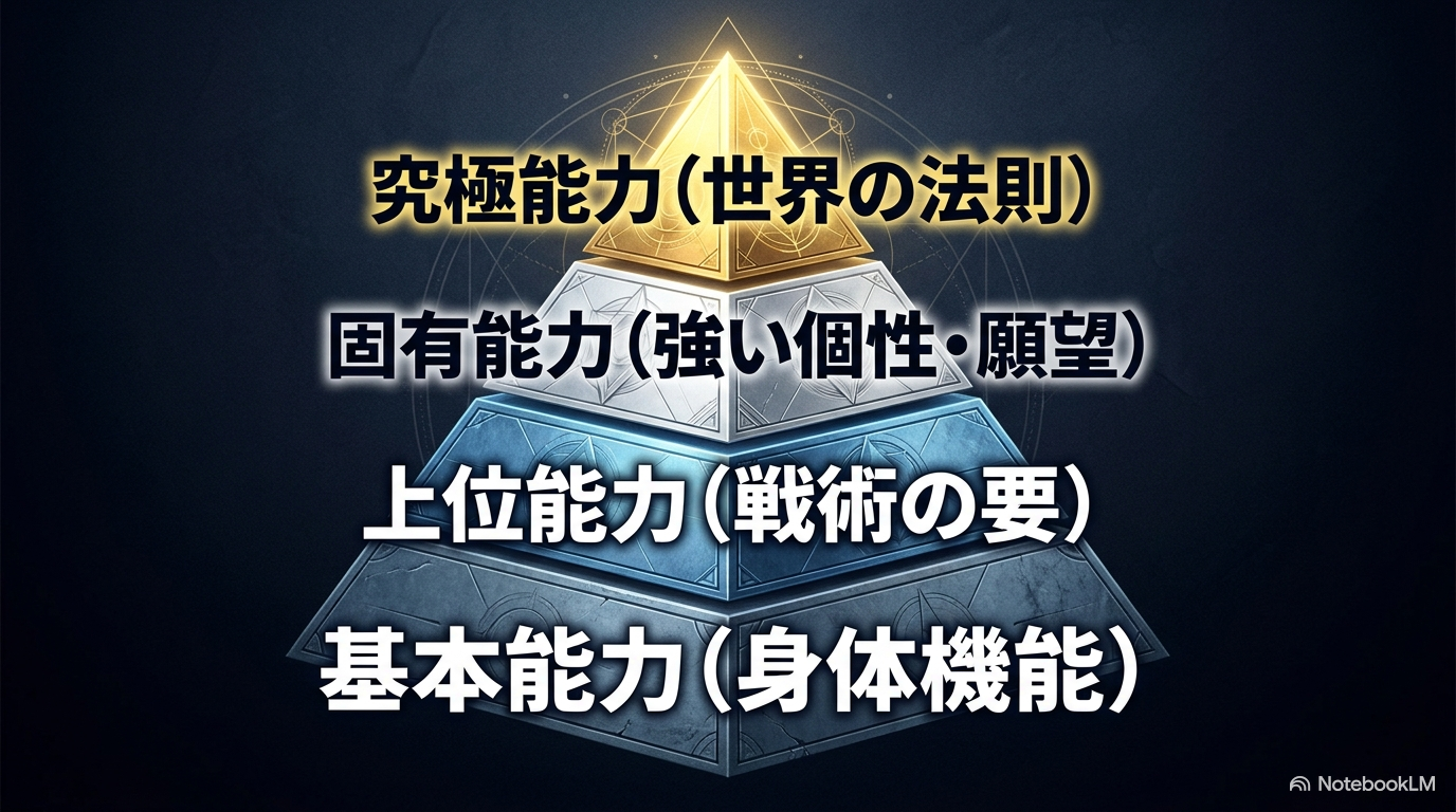 基本能力、上位能力、固有能力、究極能力の4階層を示した転スラの能力体系図