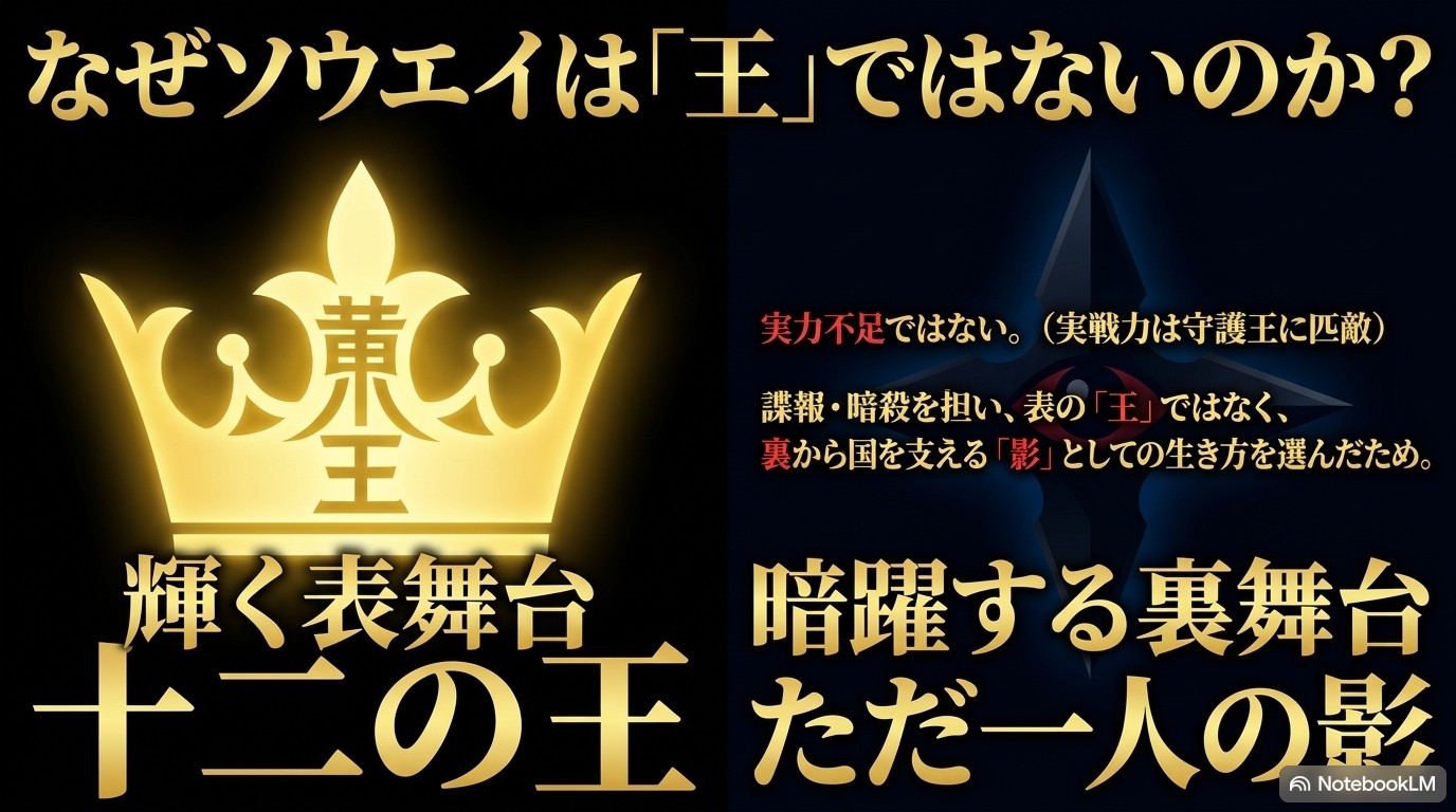 表舞台に立つ聖魔十二守護王と、諜報・暗殺を担う影として裏からテンペストを支えるソウエイを対比した図
