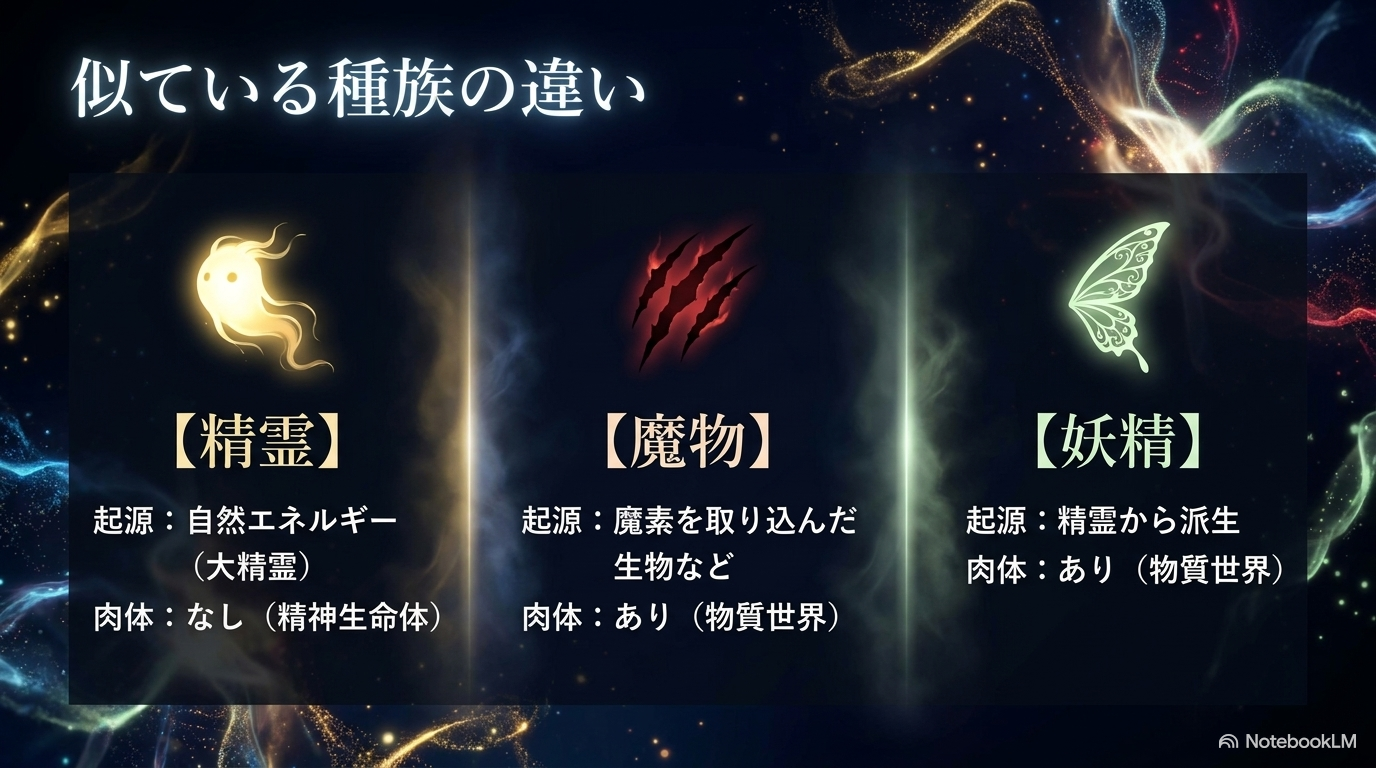 転スラの精霊・魔物・妖精について起源と肉体の有無を比較した図