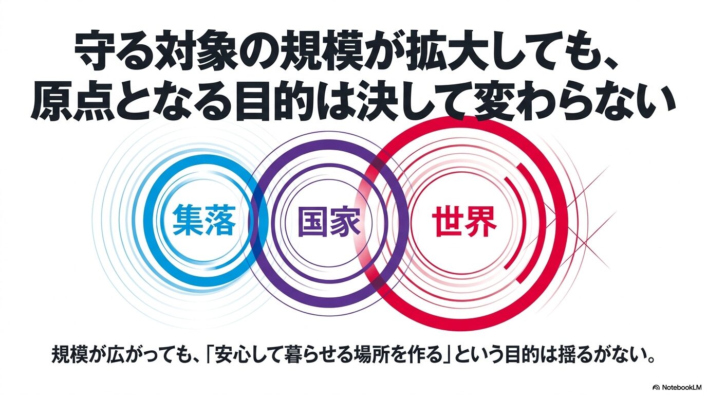 リムルが守る対象が集落から国家、世界へ拡大しても安心して暮らせる場所を作る目的は変わらないことを示す図