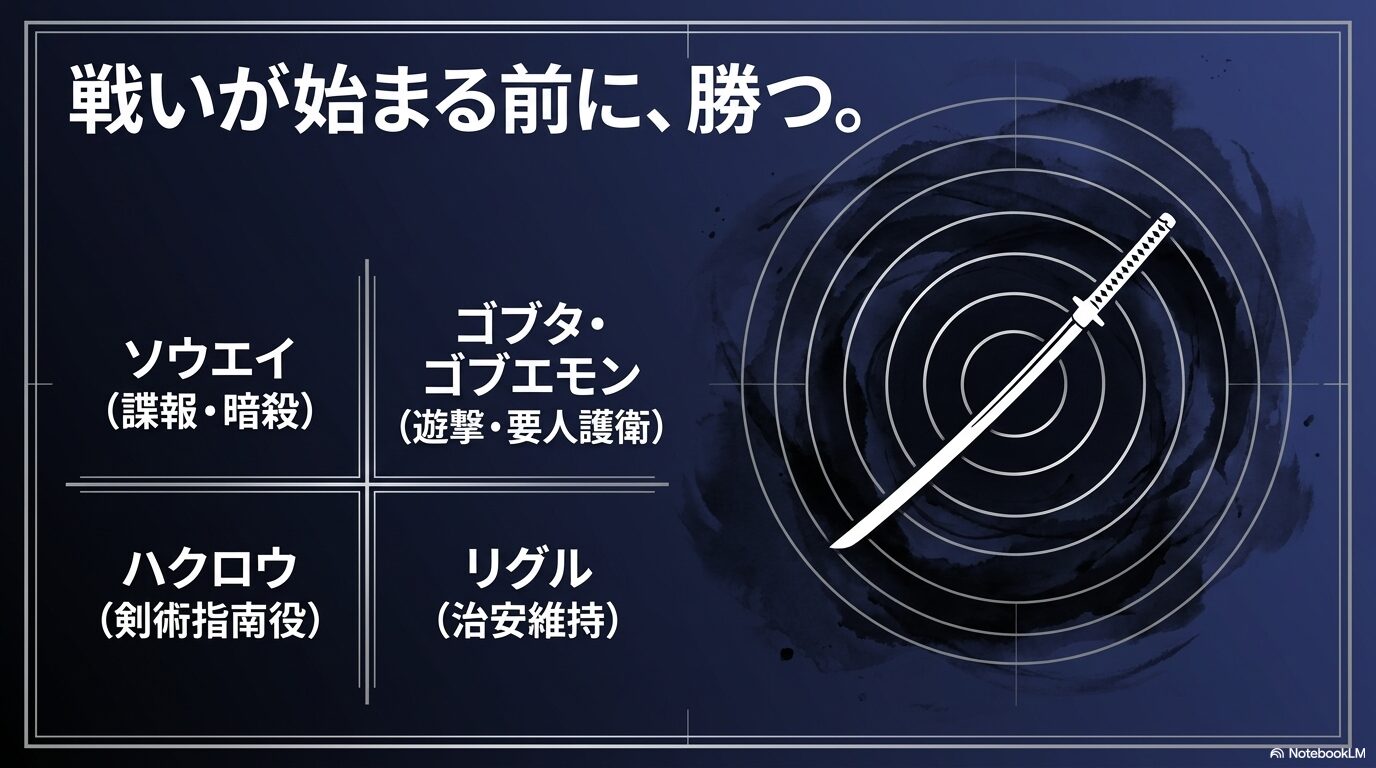 ソウエイ、ゴブタ、ゴブエモン、ハクロウ、リグルが担う諜報・護衛・育成・治安維持の役割図