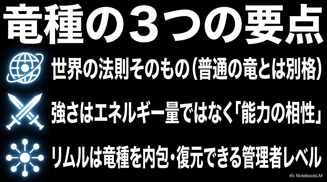 竜種は世界法則そのもので、強さは能力相性に左右され、リムルは竜種を管理・復元できるという三つの要点