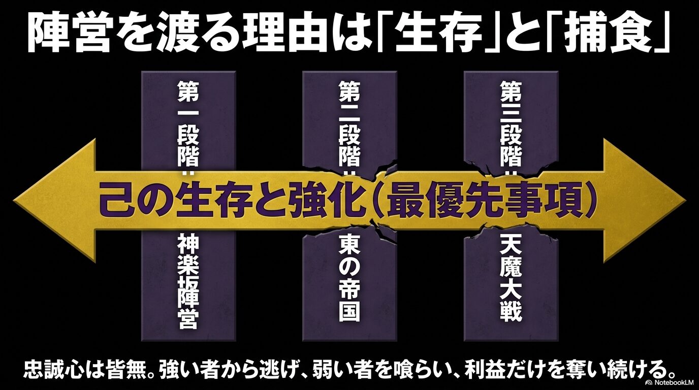 神楽坂陣営、東の帝国、天魔大戦を渡り歩いたヴェガの生存優先の行動原理を示す図