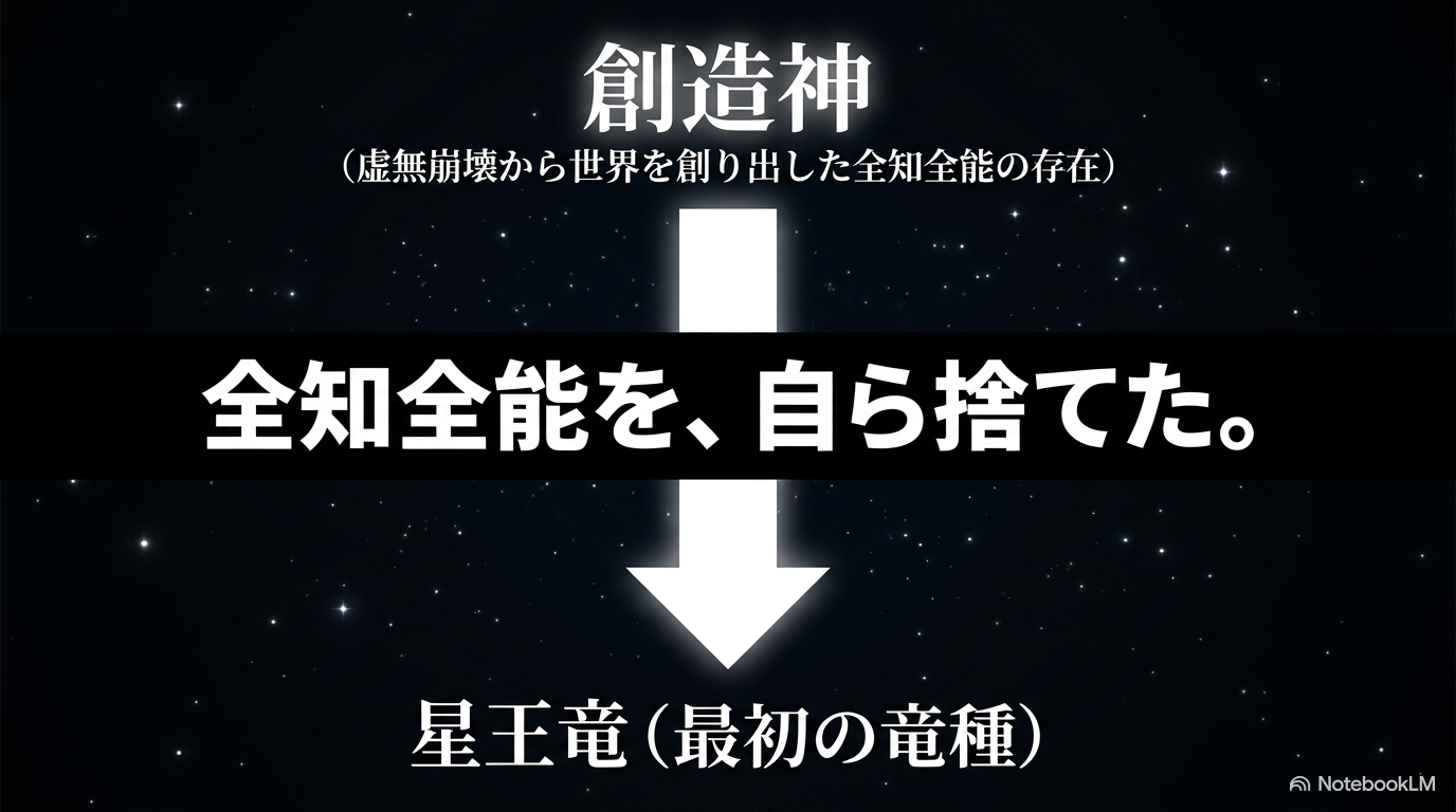 全知全能の創造神ヴェルダナーヴァが自ら力を捨て、最初の竜種である星王竜になった流れ