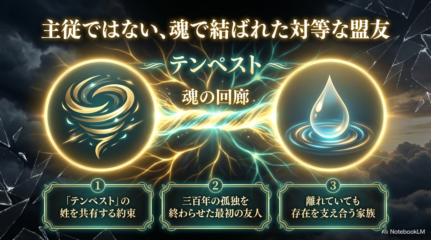 ヴェルドラとリムルがテンペスト姓と魂の回廊で結ばれた対等な盟友であることを示すスライド