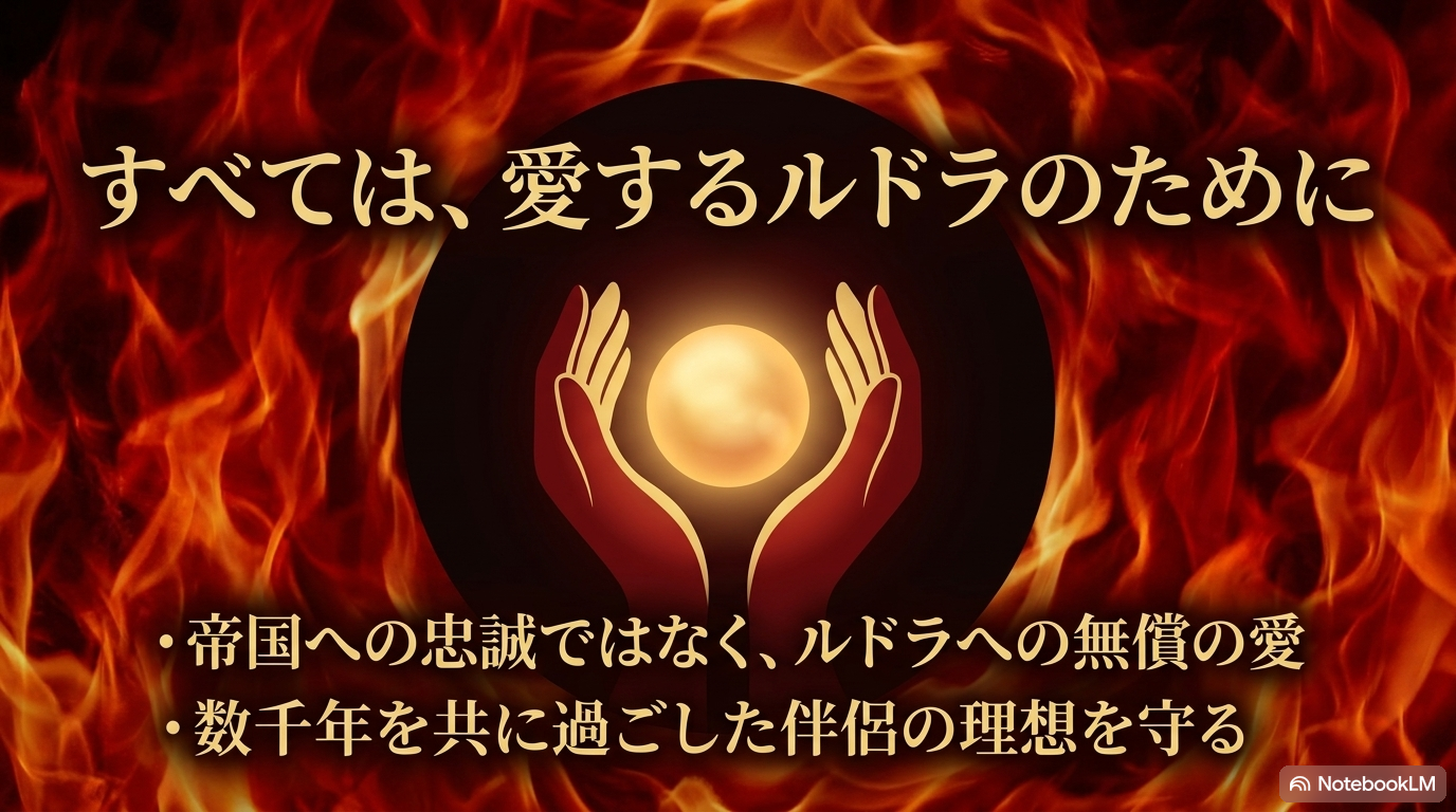 炎の中で魂を包む手を描き、ヴェルグリンドが帝国ではなくルドラを愛して戦う理由を表現している