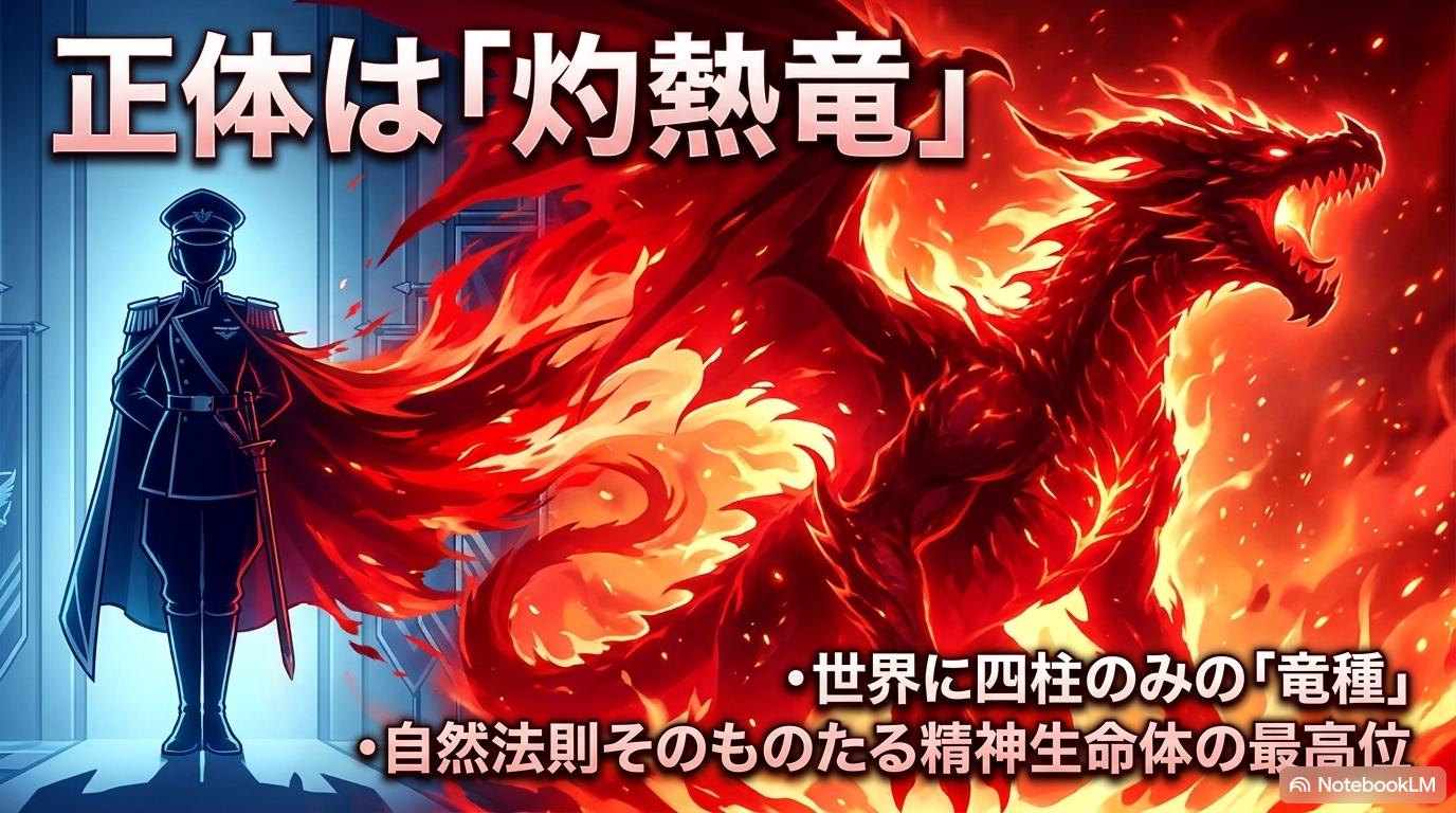 元帥グリンドの人型と真紅の灼熱竜を並べ、ヴェルグリンドの正体が竜種であることを示している