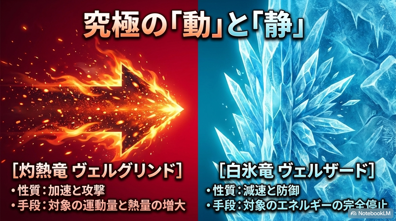 加速と攻撃を司る灼熱竜ヴェルグリンドと、減速と防御を司る白氷竜ヴェルザードを比較している