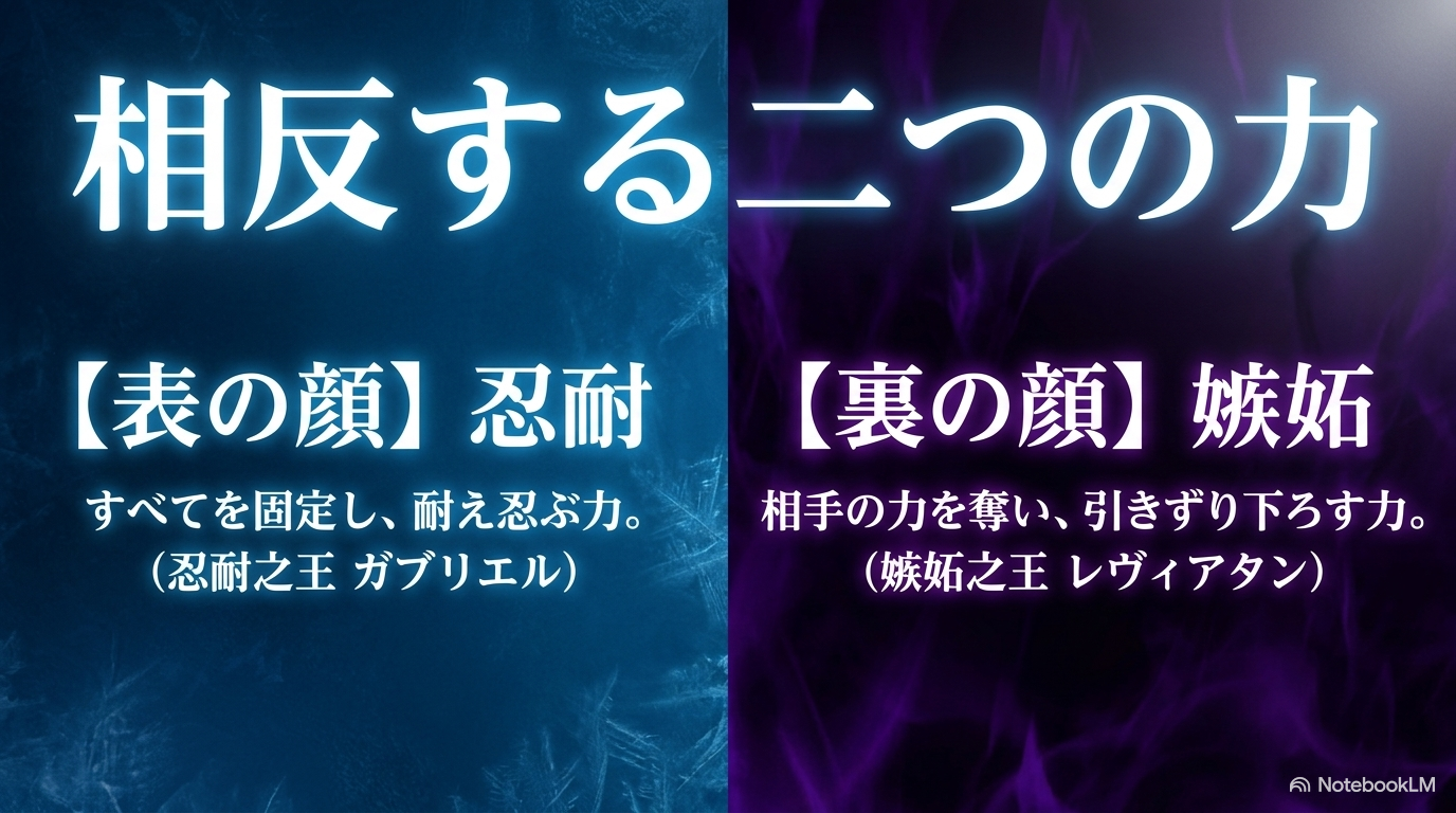 忍耐之王ガブリエルと嫉妬之王レヴィアタンというヴェルザードの二つの力を比較した図