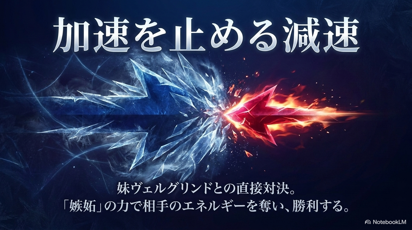 減速を司るヴェルザードと加速を司るヴェルグリンドの直接対決を示す図