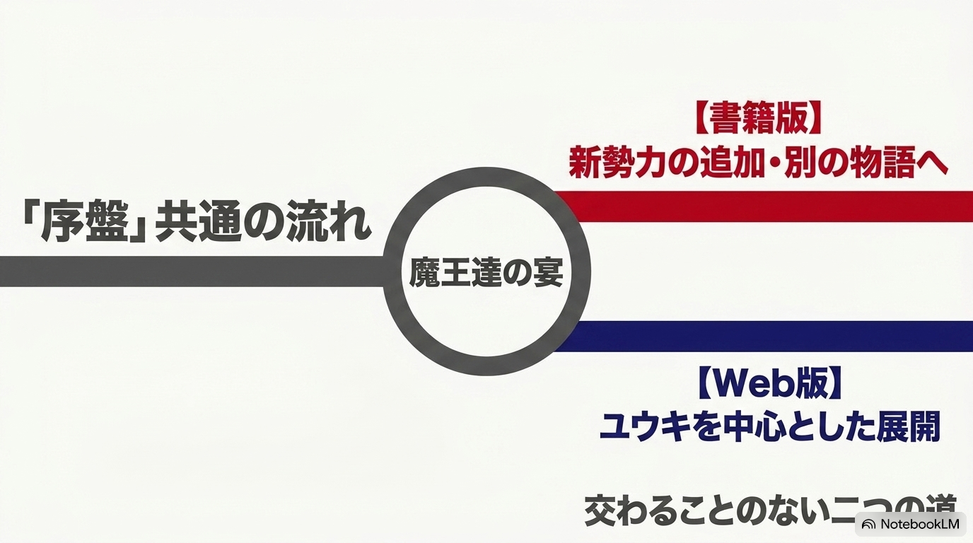 序盤は共通し魔王達の宴を境にWeb版はユウキ中心、書籍版は新勢力中心へ分岐する図