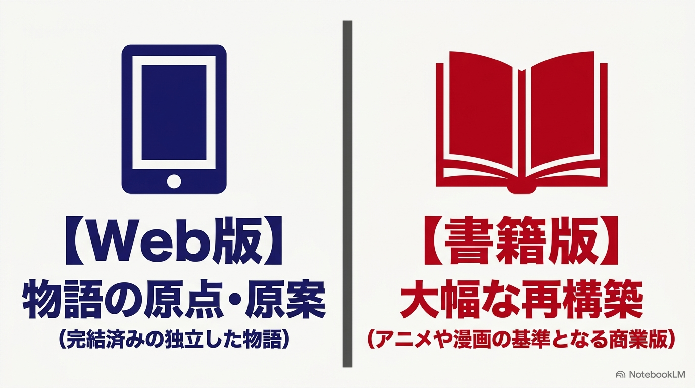Web版は物語の原点・原案、書籍版はアニメや漫画の基準となる再構築版であることを示す比較図
