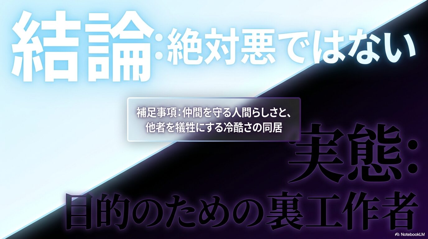 ユウキには仲間を守る人間らしさと目的のために他者を利用する冷酷さが同居していることを示す図