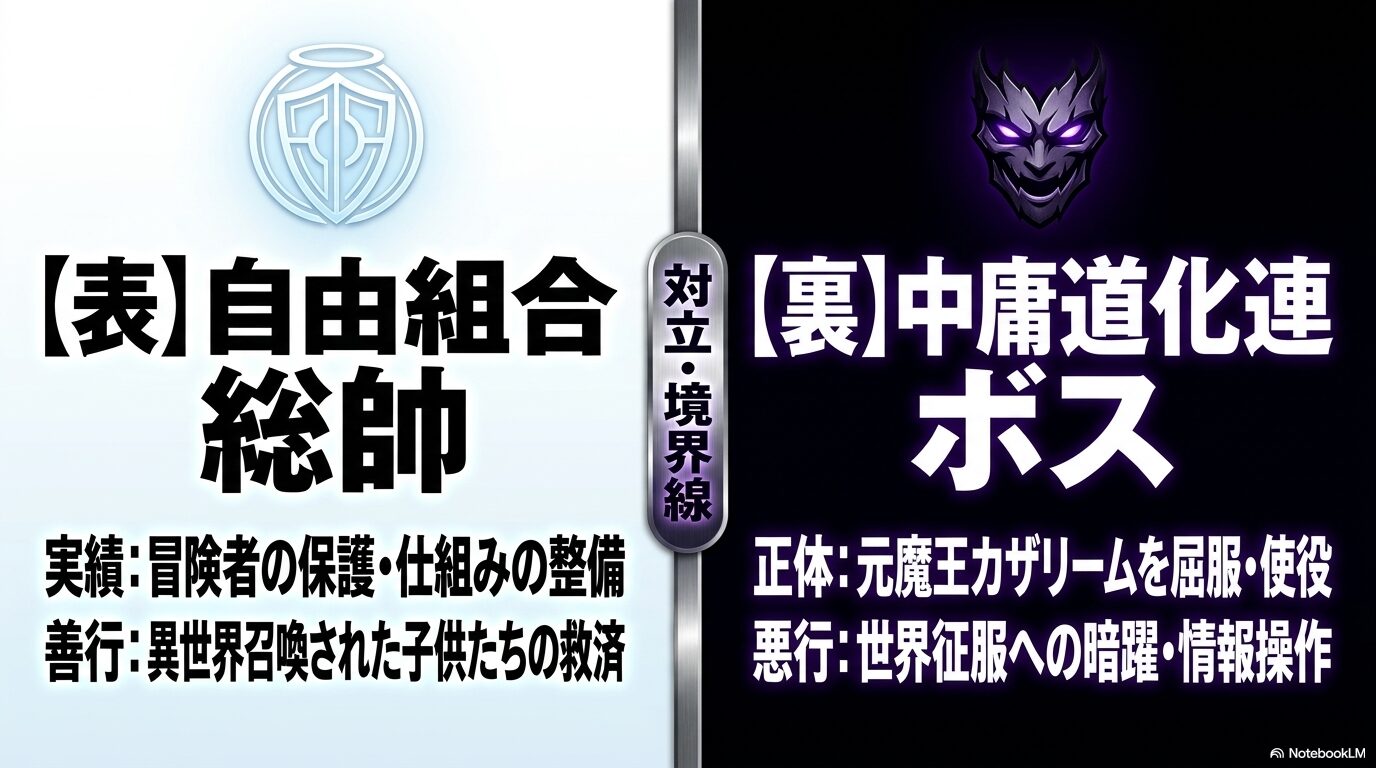 自由組合総帥というユウキの表の顔と中庸道化連ボスという裏の顔を比較した図