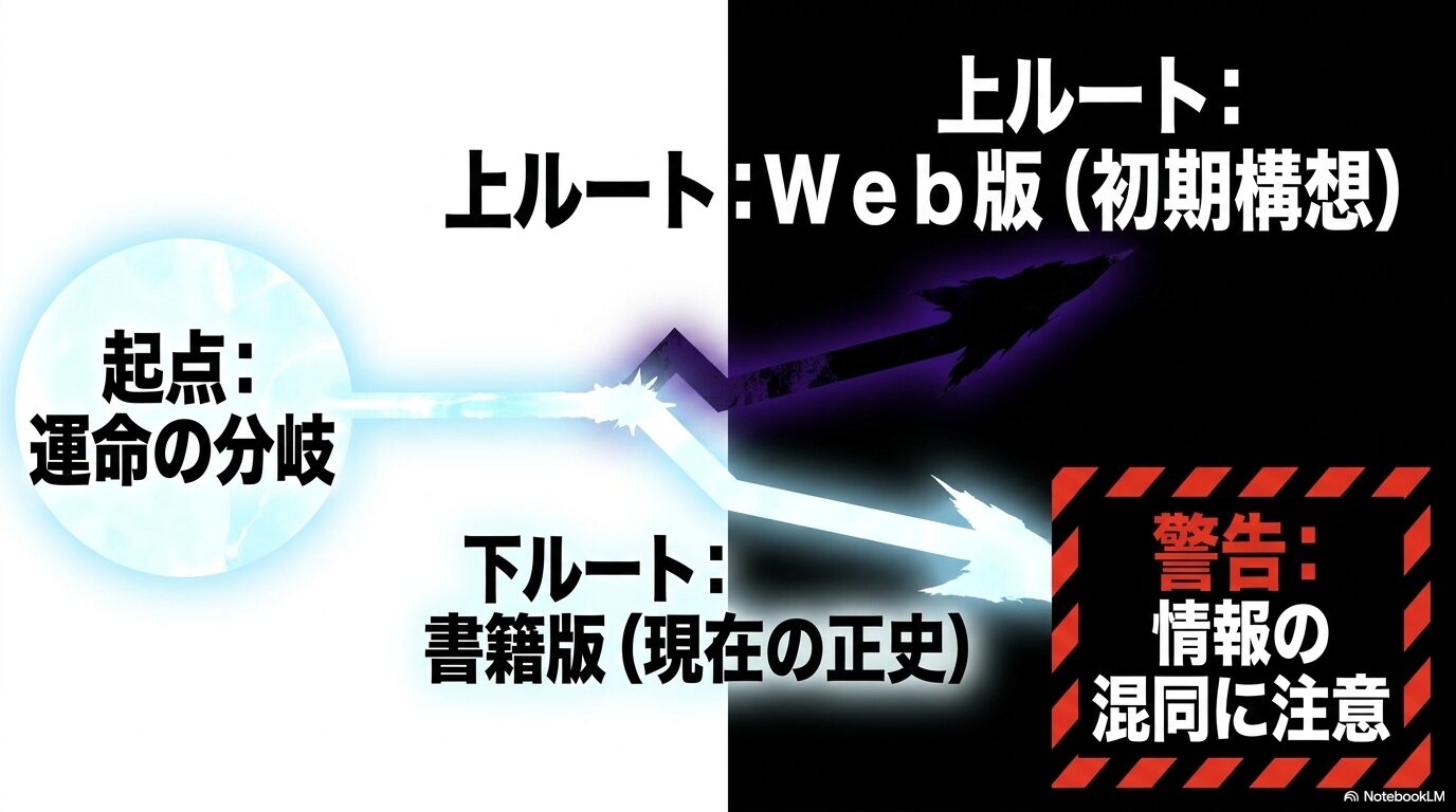 ユウキの役割と結末がWeb版と書籍版で異なることを二つのルートで示した図