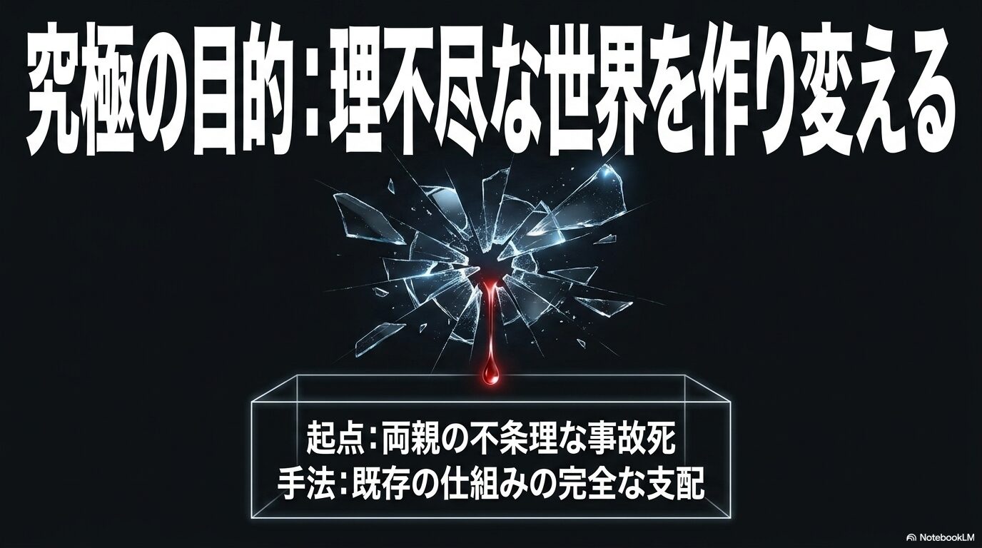 両親の理不尽な事故死をきっかけに世界の仕組みを作り変えようとしたユウキの目的を示す図