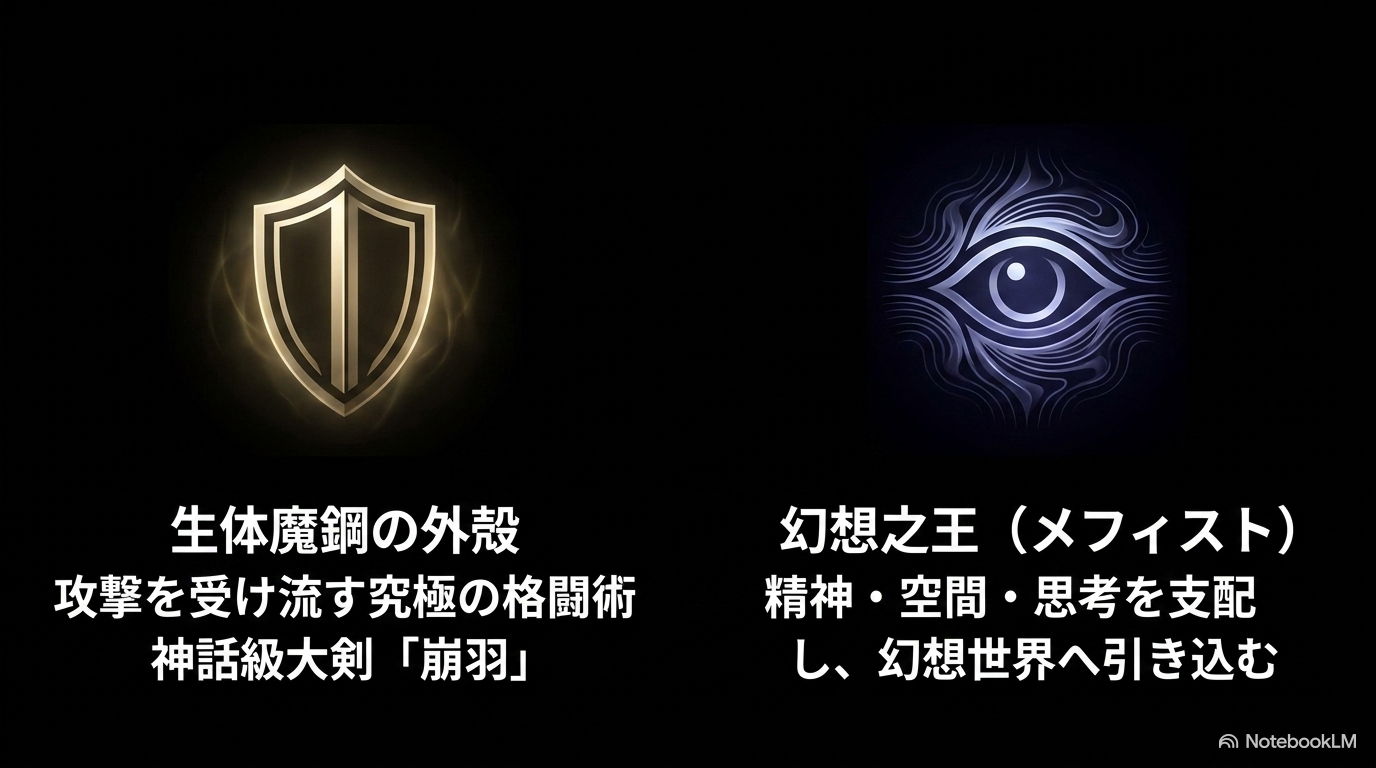 攻撃を受け流す生体魔鋼の外殻と精神・空間・思考を支配する幻想之王メフィスト