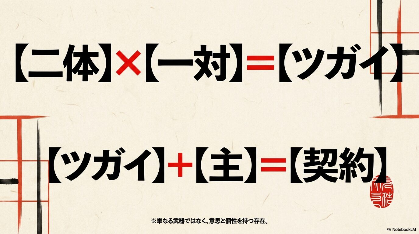 二体一対でツガイとなり主と契約することを表した図解。単なる武器ではなく意思と個性を持つ存在。