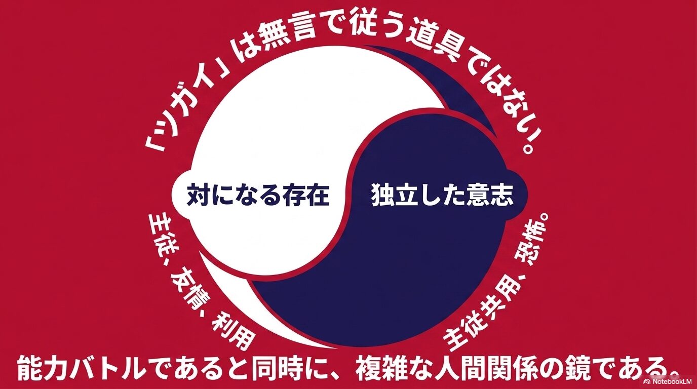 ツガイは道具ではなく独立した意志を持ち、主従や友情など複雑な人間関係の鏡であることを示す図