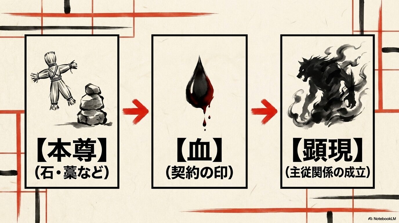 石や藁などの本尊に契約の印である血を与え、主従関係が成立して顕現するまでの流れを示した図解