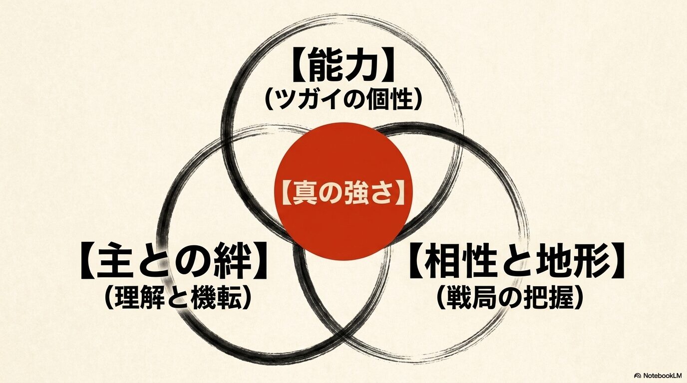 ツガイの真の強さは、主との絆、ツガイの能力、相性と地形の3つの要素から成り立つことを示した図解