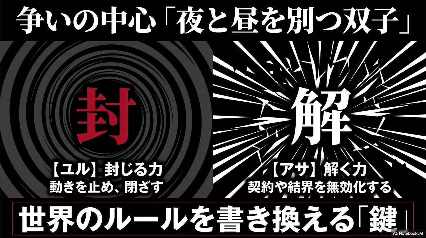 夜と昼を別つ双子であるユルの「封」とアサの「解」の能力を図解