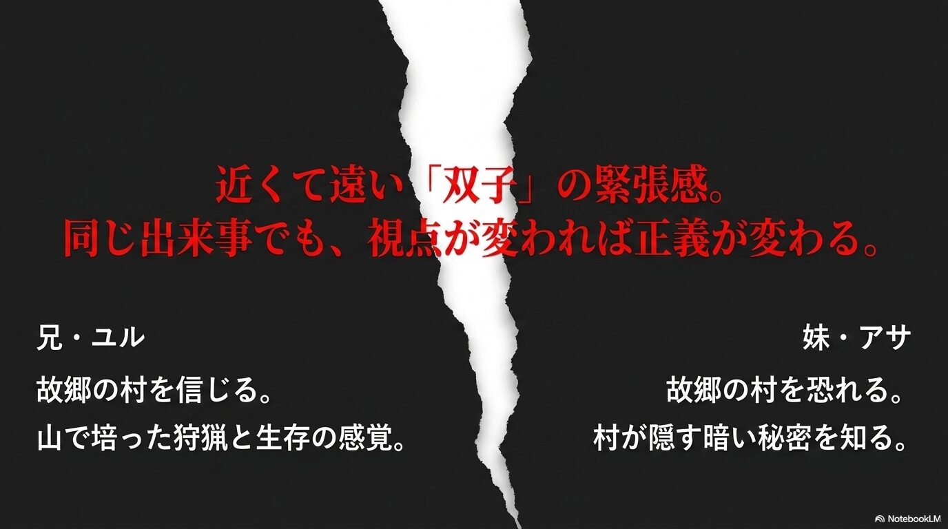 故郷の村を信じる兄ユルと、村の暗い秘密を知り恐れる妹アサの対照的な視点を示す図