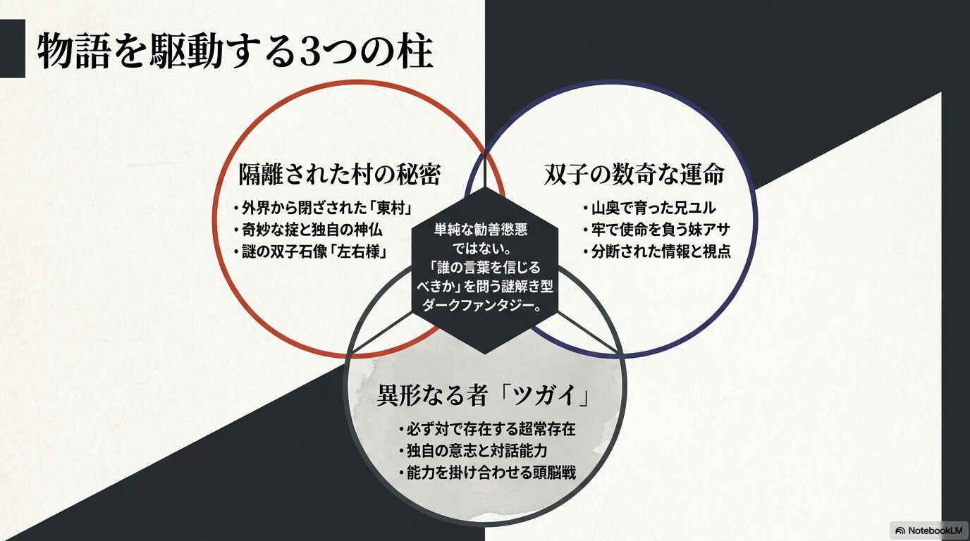 『黄泉のツガイ』の物語を駆動する3つの柱(隔離された村の秘密、双子の数奇な運命、異形なる者「ツガイ」